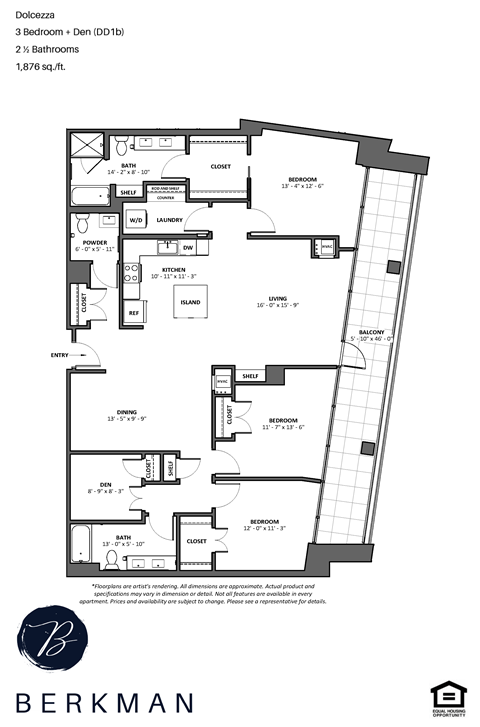 Floor plan for 3 beds, 2.5 baths, 1876 sqft